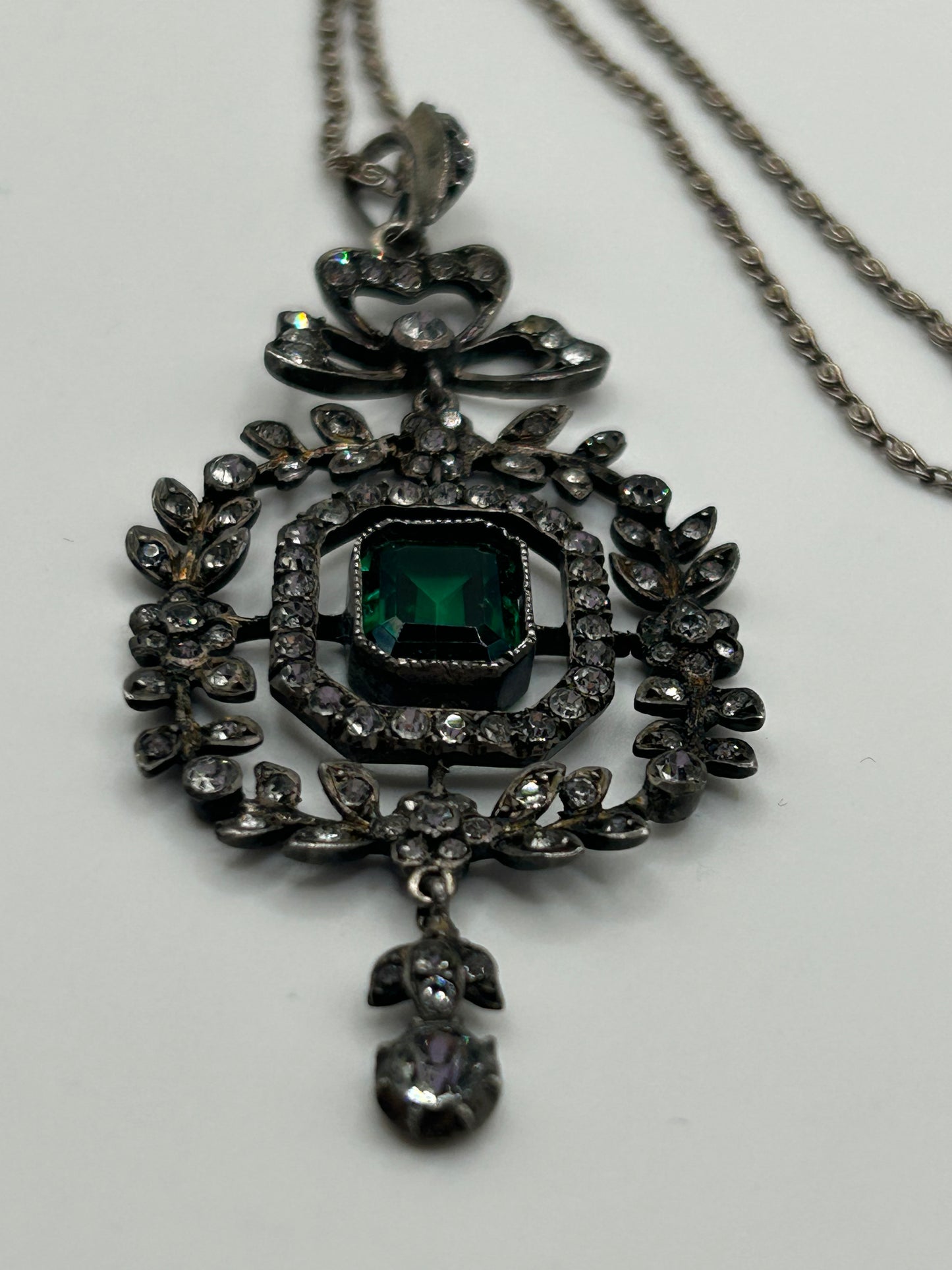Antique 1900 Green Paste And Clear Stones Pendant Silver . Belle Epoque