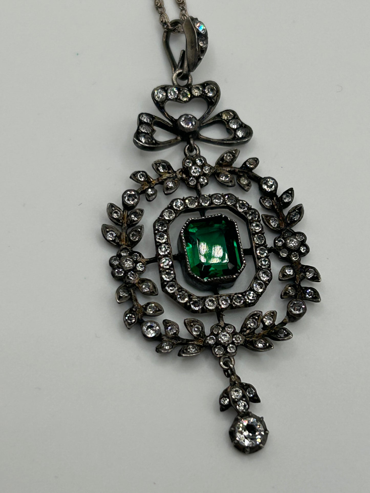 Antique 1900 Green Paste And Clear Stones Pendant Silver . Belle Epoque