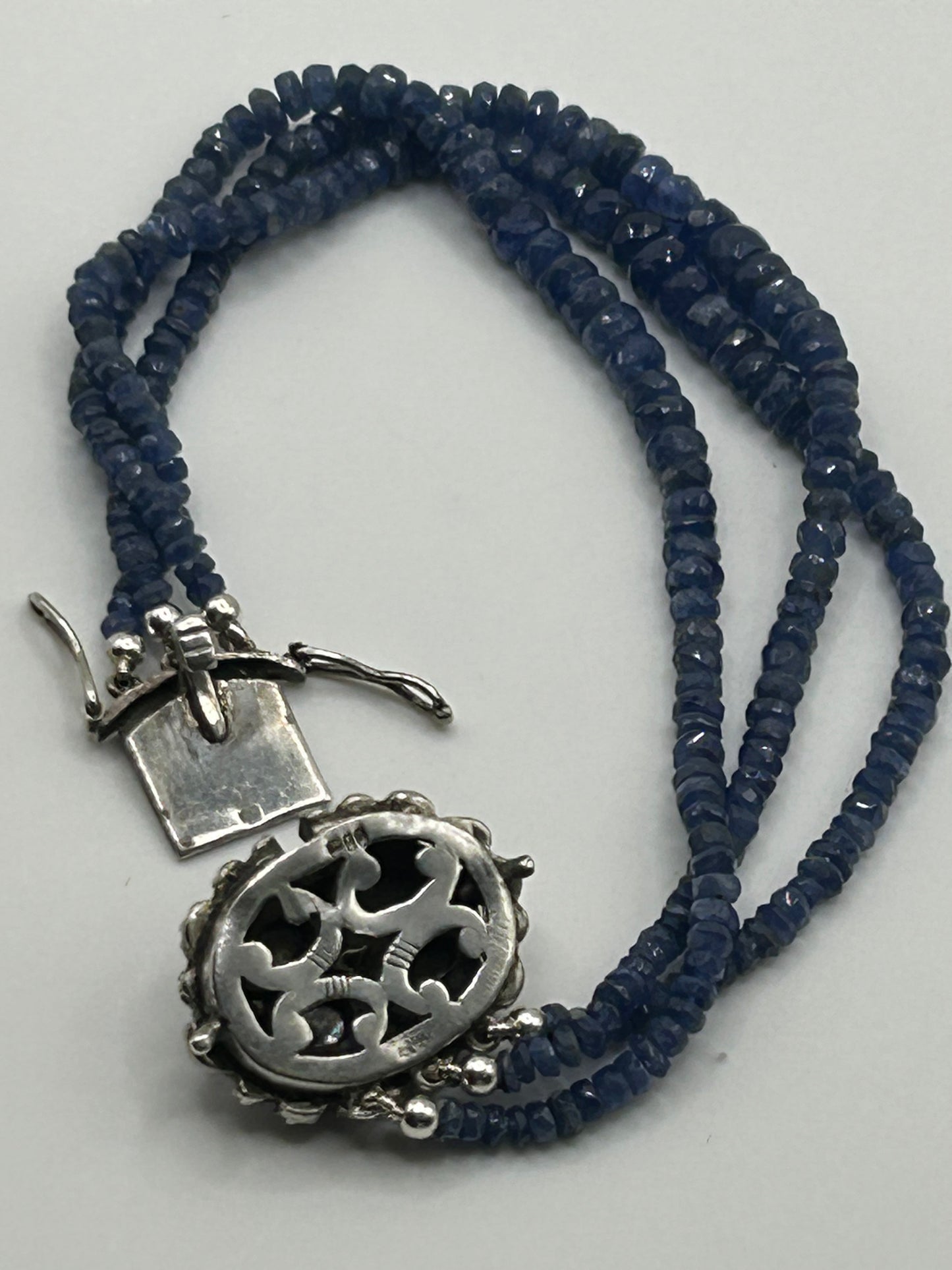 Victorian Bracelet with faceted Sapphires & Silver Edwardian Blue Enamel Clasp