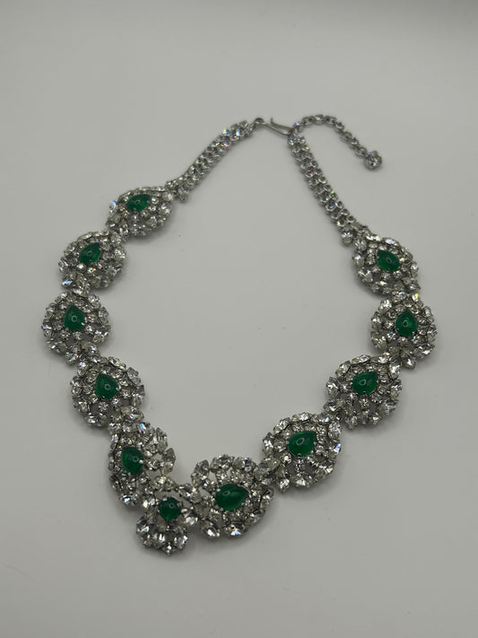 Vintage 1950s green & clear glass crystal necklace.
