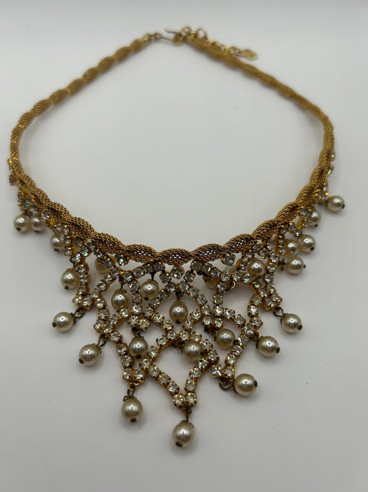 Vintage Christian Dior Crystal Pearl Bib Necklace gold Plated Rare Statement