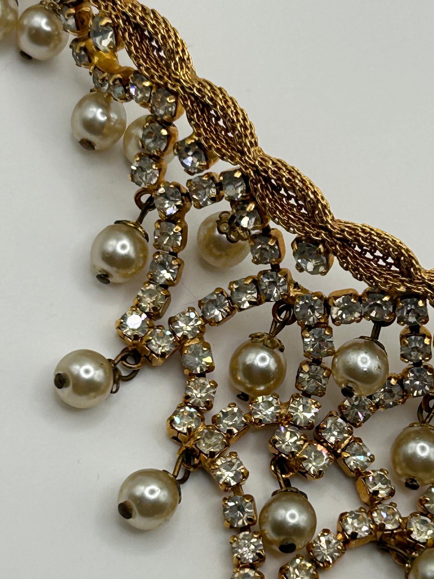 Vintage Christian Dior Crystal Pearl Bib Necklace gold Plated Rare Statement