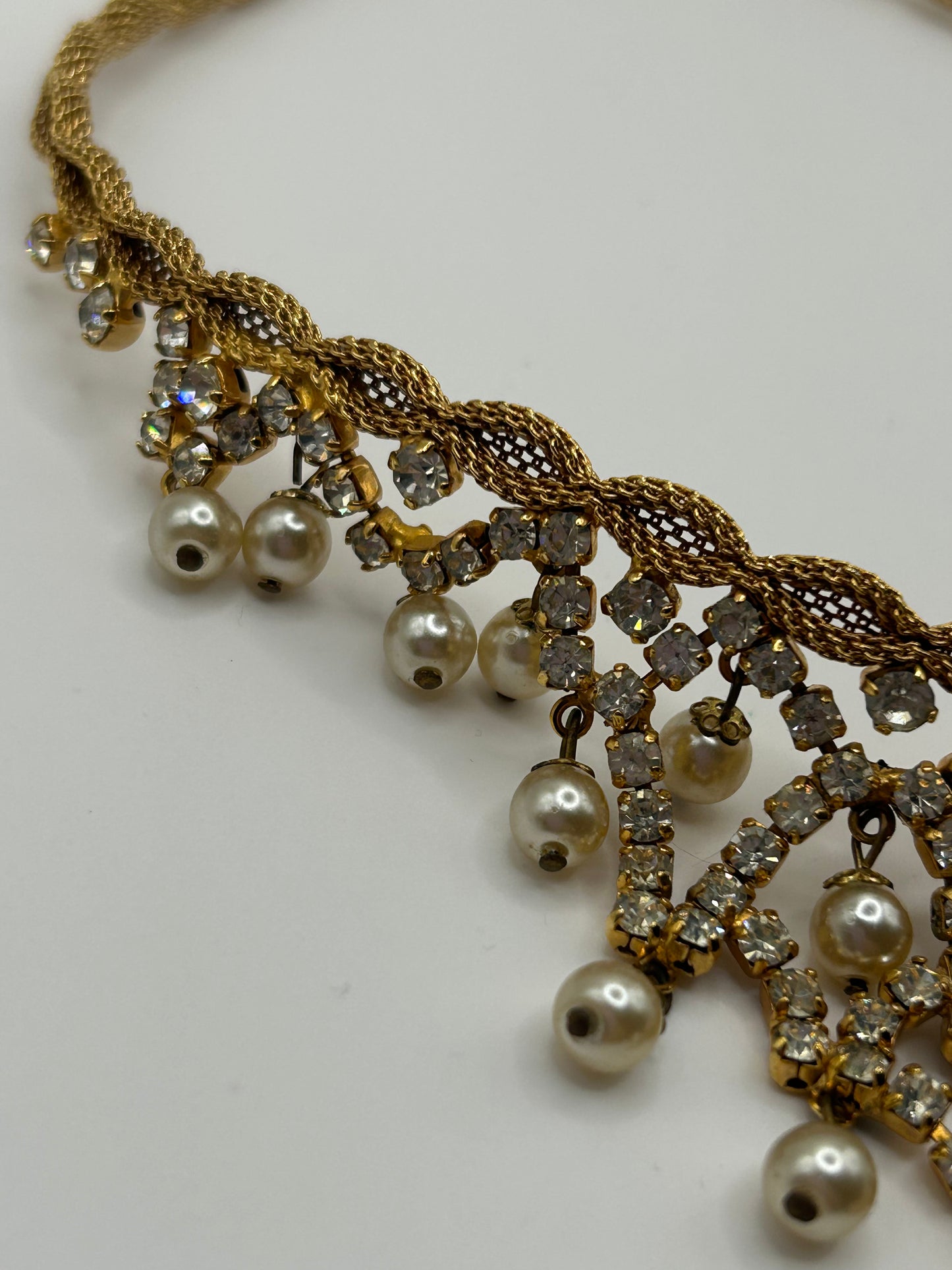 Vintage Christian Dior Crystal Pearl Bib Necklace gold Plated Rare Statement