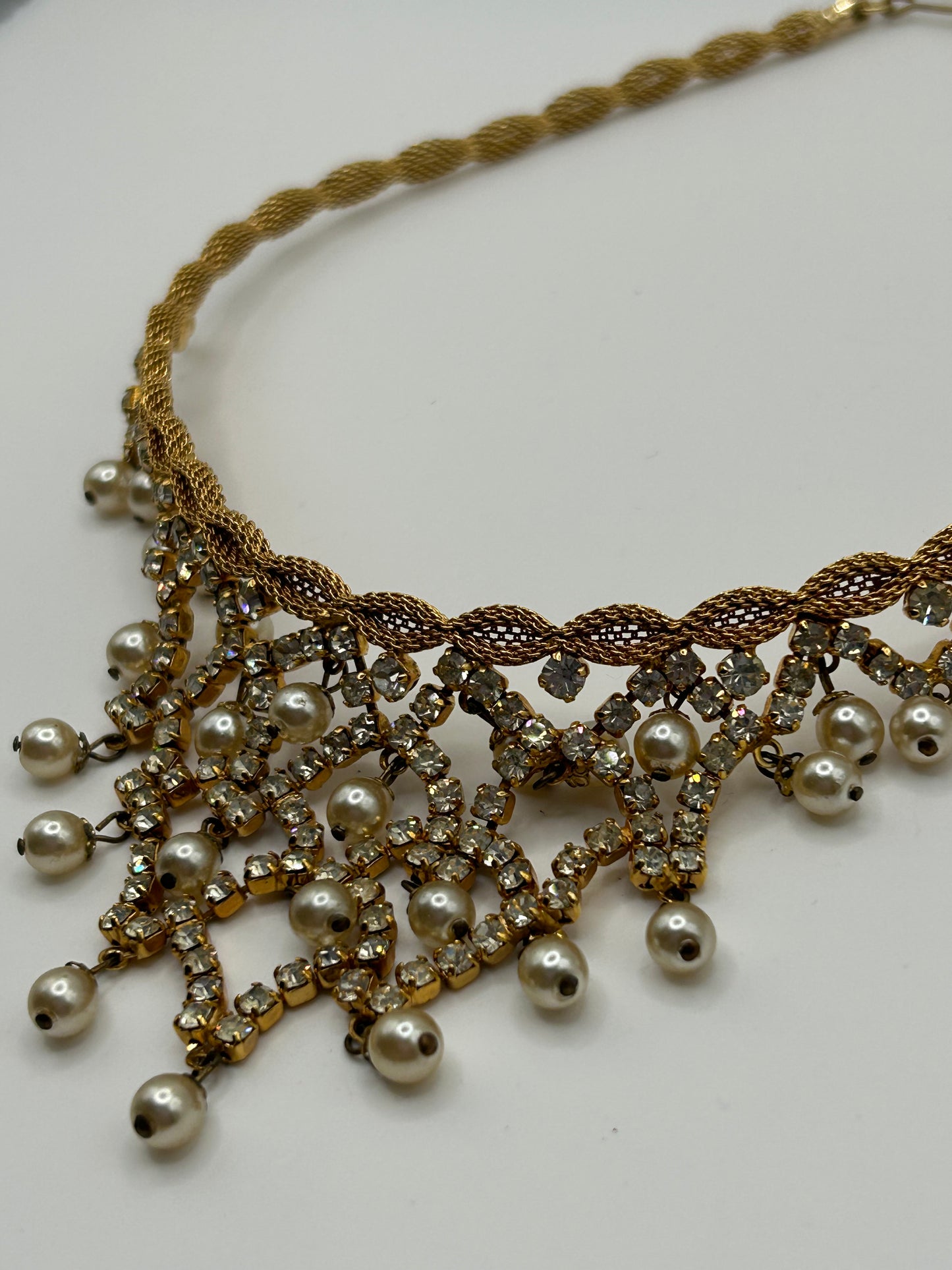 Vintage Christian Dior Crystal Pearl Bib Necklace gold Plated Rare Statement