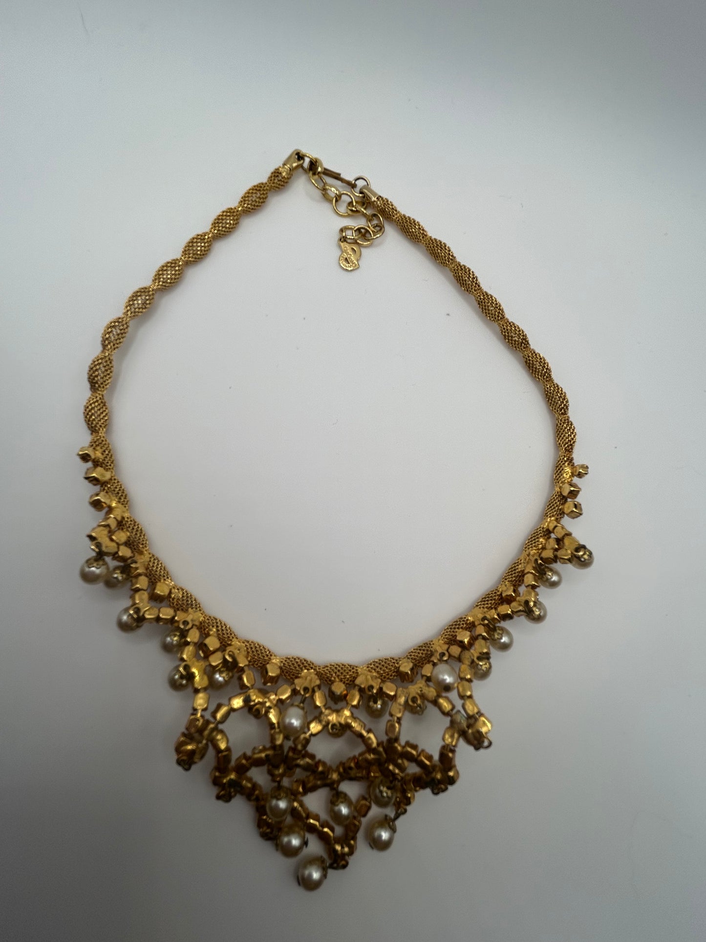Vintage Christian Dior Crystal Pearl Bib Necklace gold Plated Rare Statement