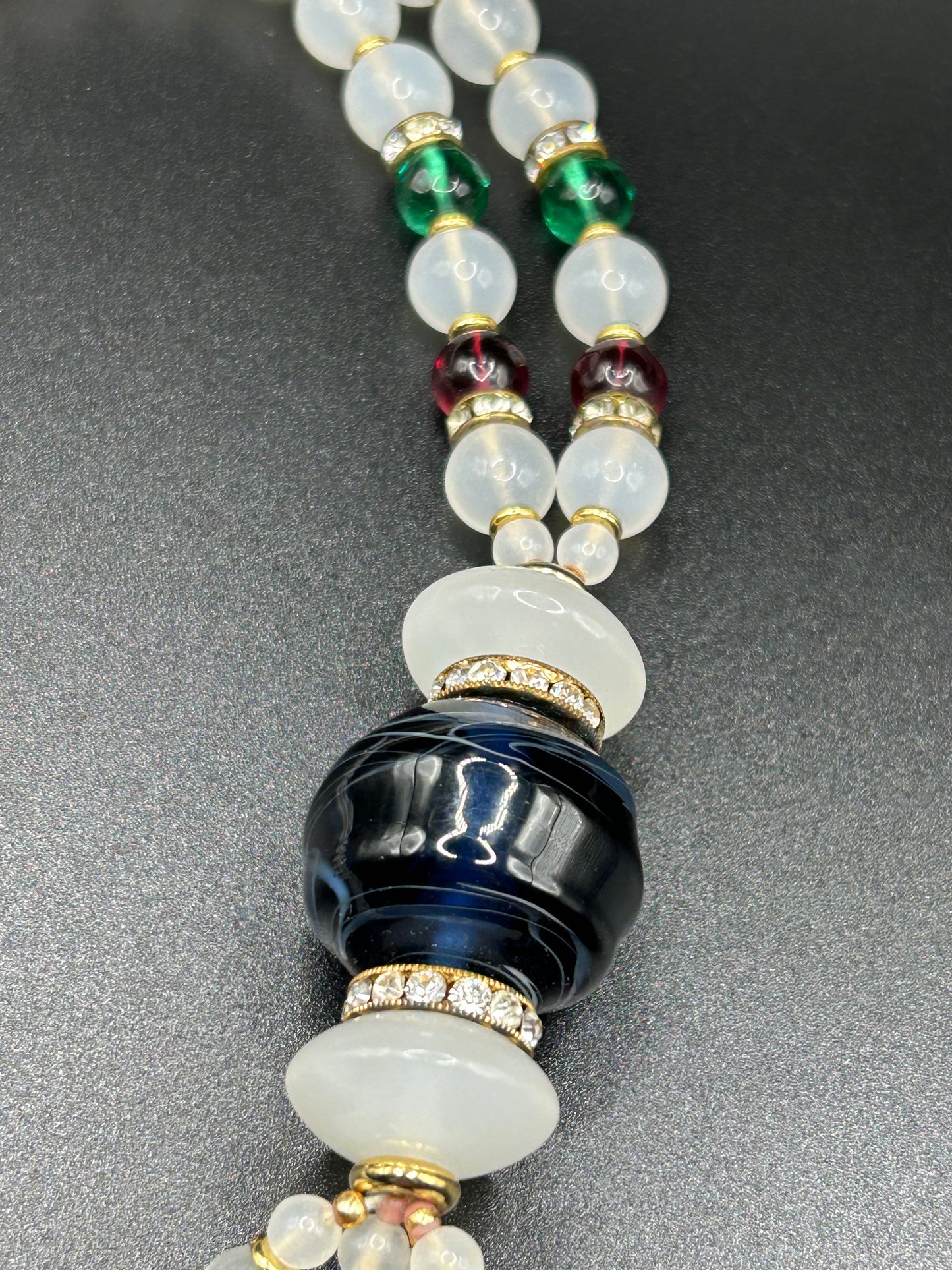 Vintage Dior Poured Glass Tassel Long Bead Rhinestone opalescent Necklace.