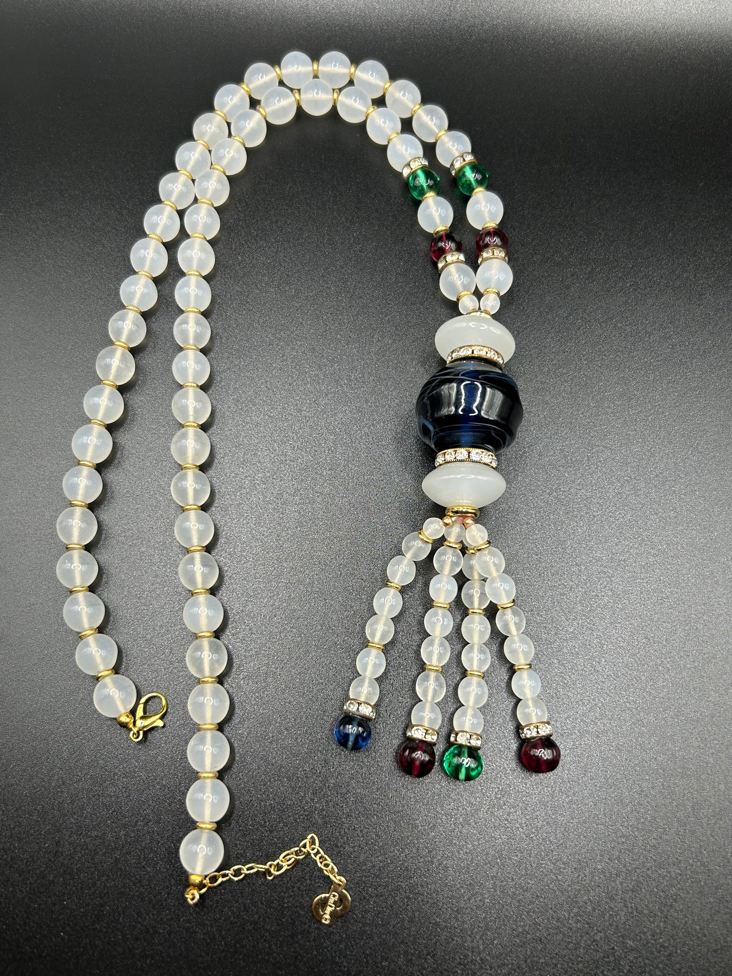 Vintage Dior Poured Glass Tassel Long Bead Rhinestone opalescent Necklace.
