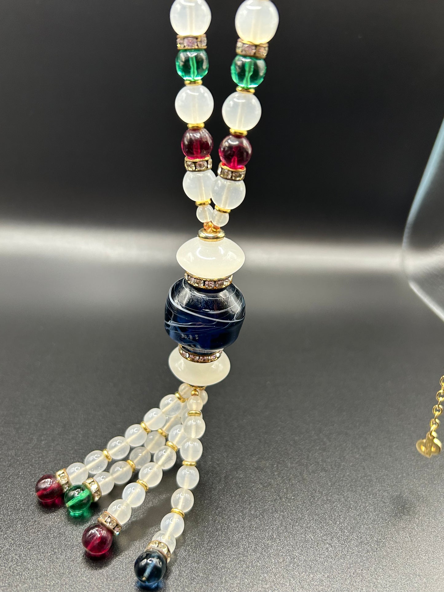 Vintage Dior Poured Glass Tassel Long Bead Rhinestone opalescent Necklace.
