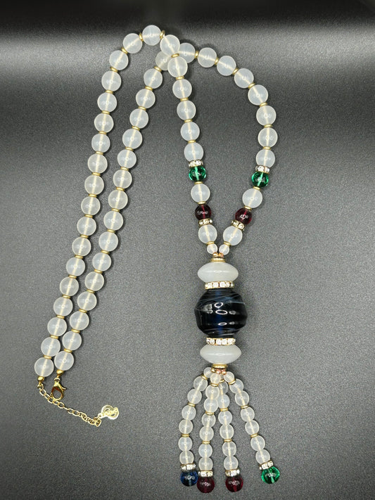 Vintage Dior Poured Glass Tassel Long Bead Rhinestone opalescent Necklace.