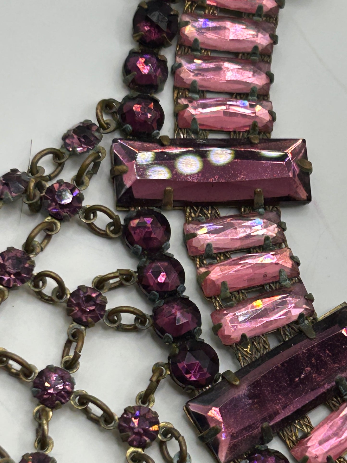 Antique 1930s Art Deco Pink Vauxhall Glass Bib Necklace And Clip On Earrings
