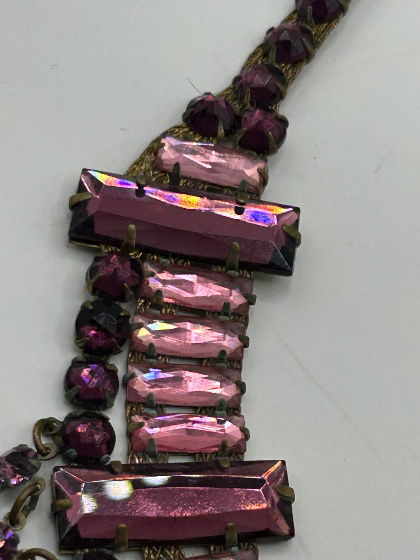 Antique 1930s Art Deco Pink Vauxhall Glass Bib Necklace And Clip On Earrings