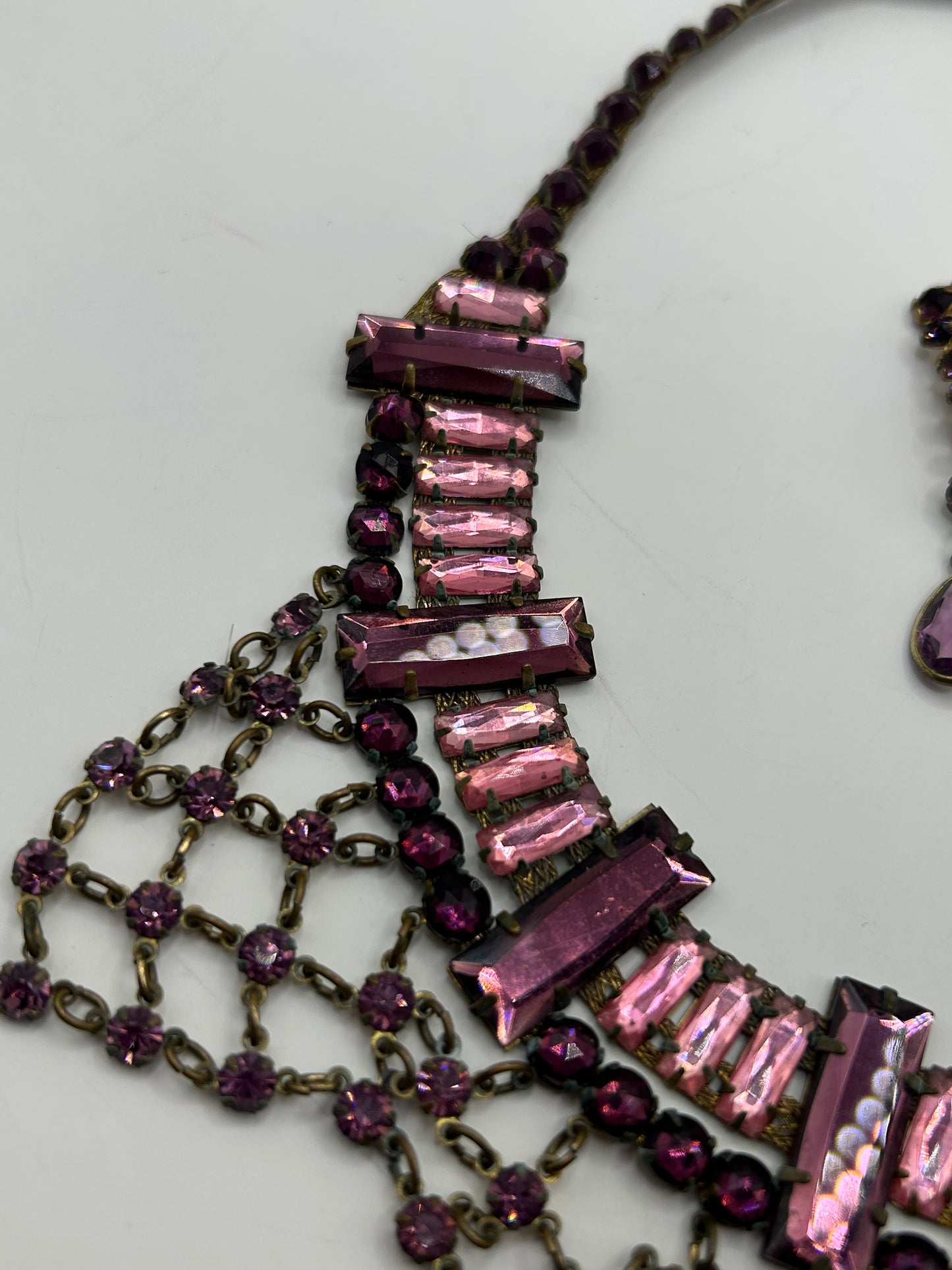 Antique 1930s Art Deco Pink Vauxhall Glass Bib Necklace And Clip On Earrings