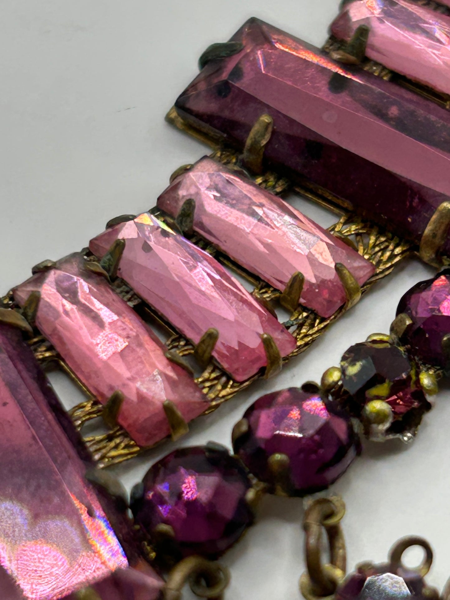 Antique 1930s Art Deco Pink Vauxhall Glass Bib Necklace And Clip On Earrings