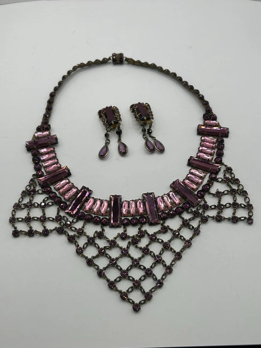 Antique 1930s Art Deco Pink Vauxhall Glass Bib Necklace And Clip On Earrings