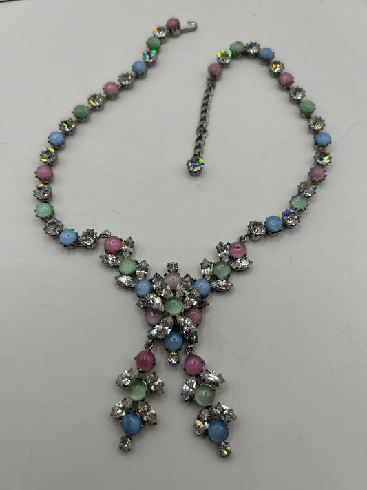 Vintage 1950s Rhinestone Pastel Glass Stone Drop Necklace Roger Jean Pierre.