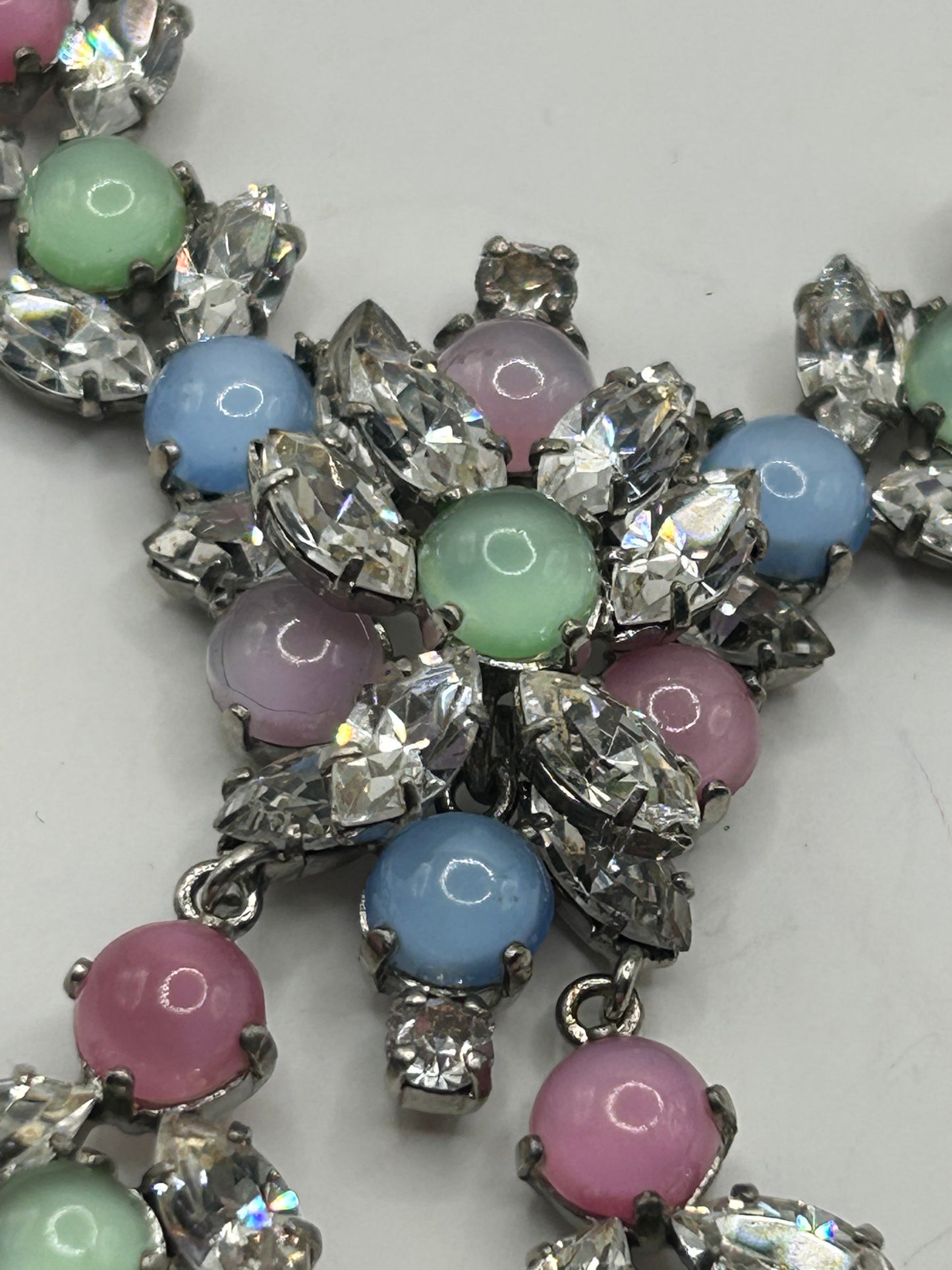 Vintage 1950s Rhinestone Pastel Glass Stone Drop Necklace Roger Jean Pierre.