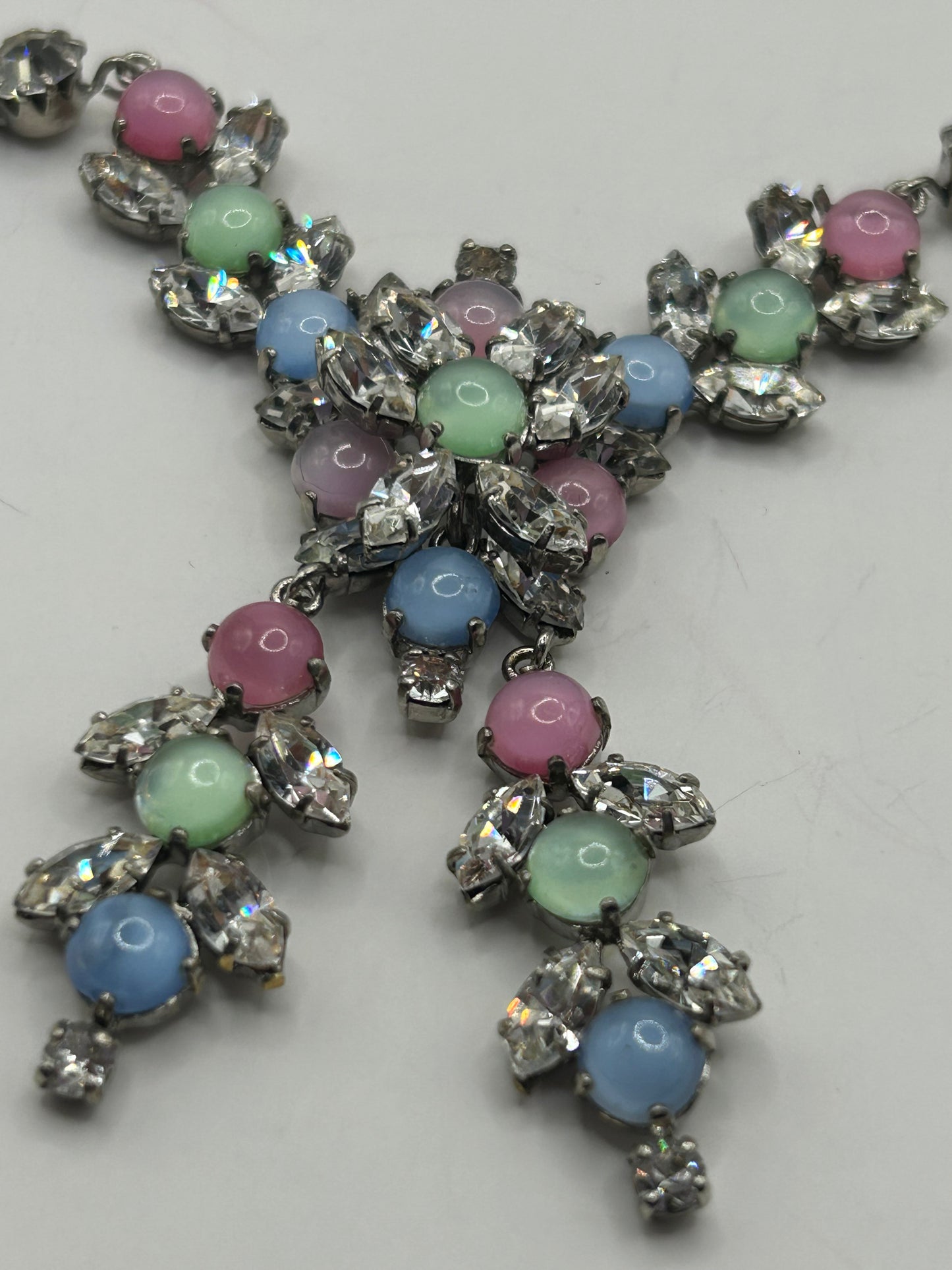 Vintage 1950s Rhinestone Pastel Glass Stone Drop Necklace Roger Jean Pierre.