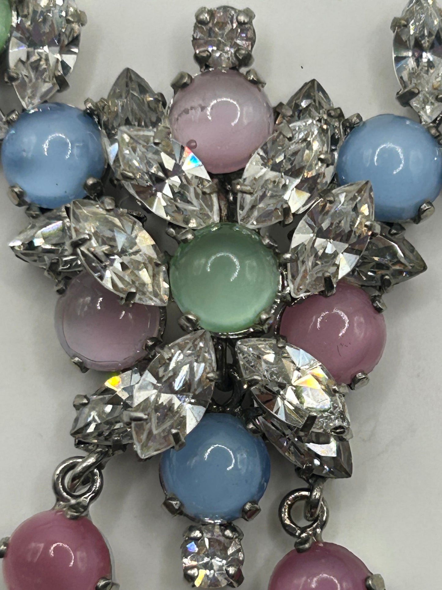 Vintage 1950s Rhinestone Pastel Glass Stone Drop Necklace Roger Jean Pierre.