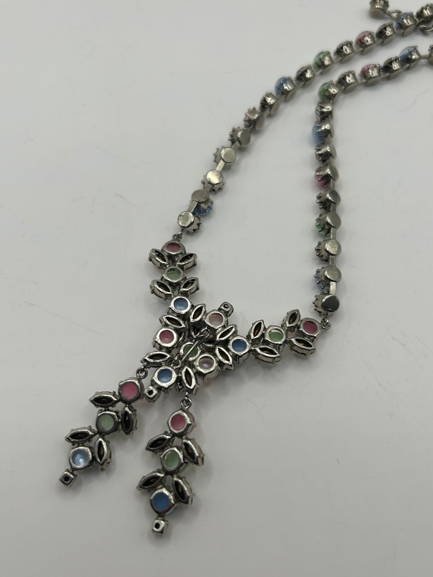 Vintage 1950s Rhinestone Pastel Glass Stone Drop Necklace Roger Jean Pierre.