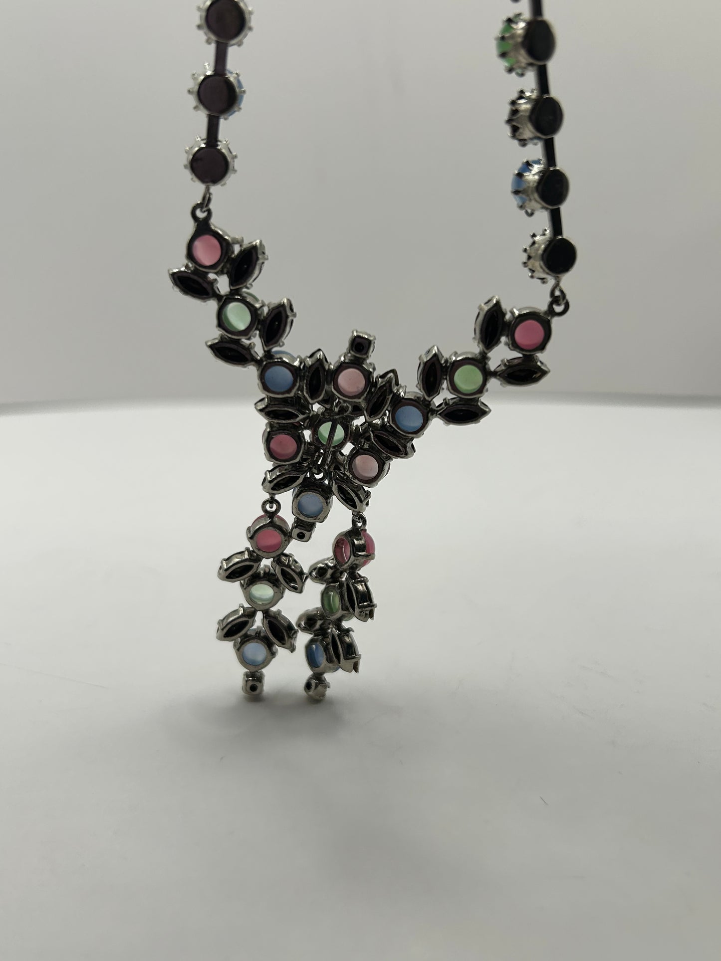 Vintage 1950s Rhinestone Pastel Glass Stone Drop Necklace Roger Jean Pierre.