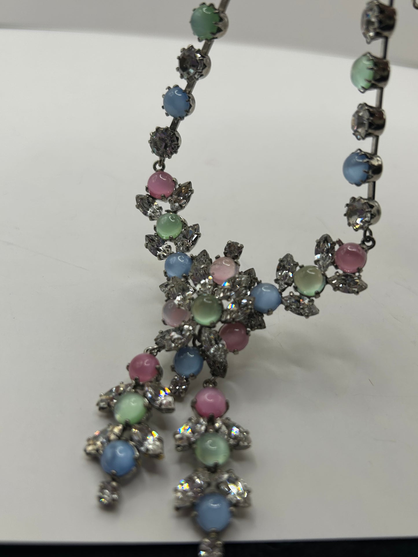 Vintage 1950s Rhinestone Pastel Glass Stone Drop Necklace Roger Jean Pierre.