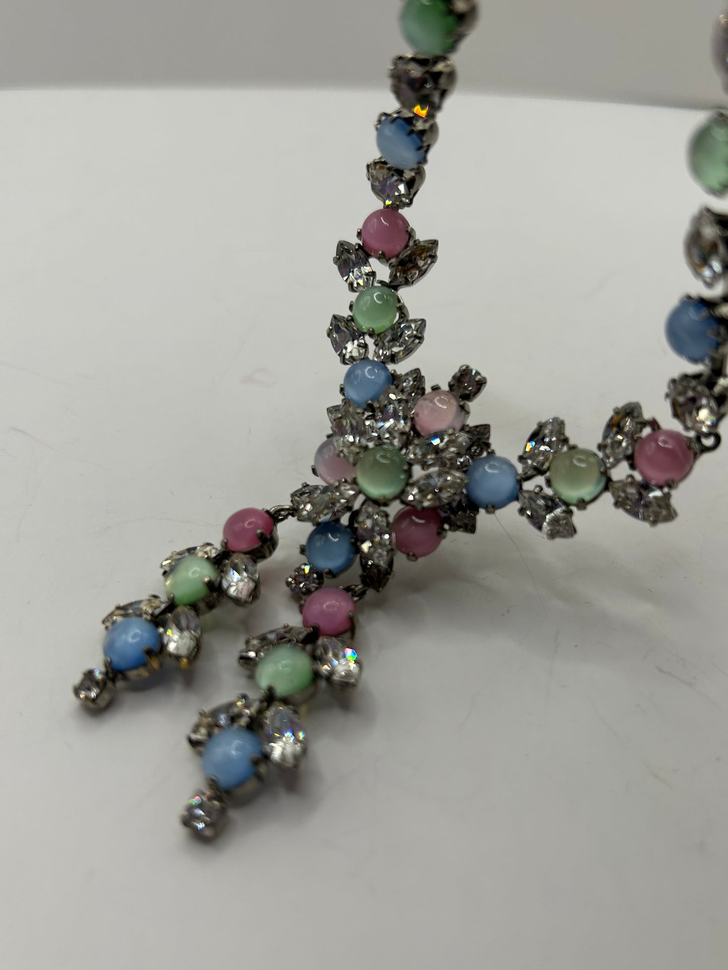 Vintage 1950s Rhinestone Pastel Glass Stone Drop Necklace Roger Jean Pierre.