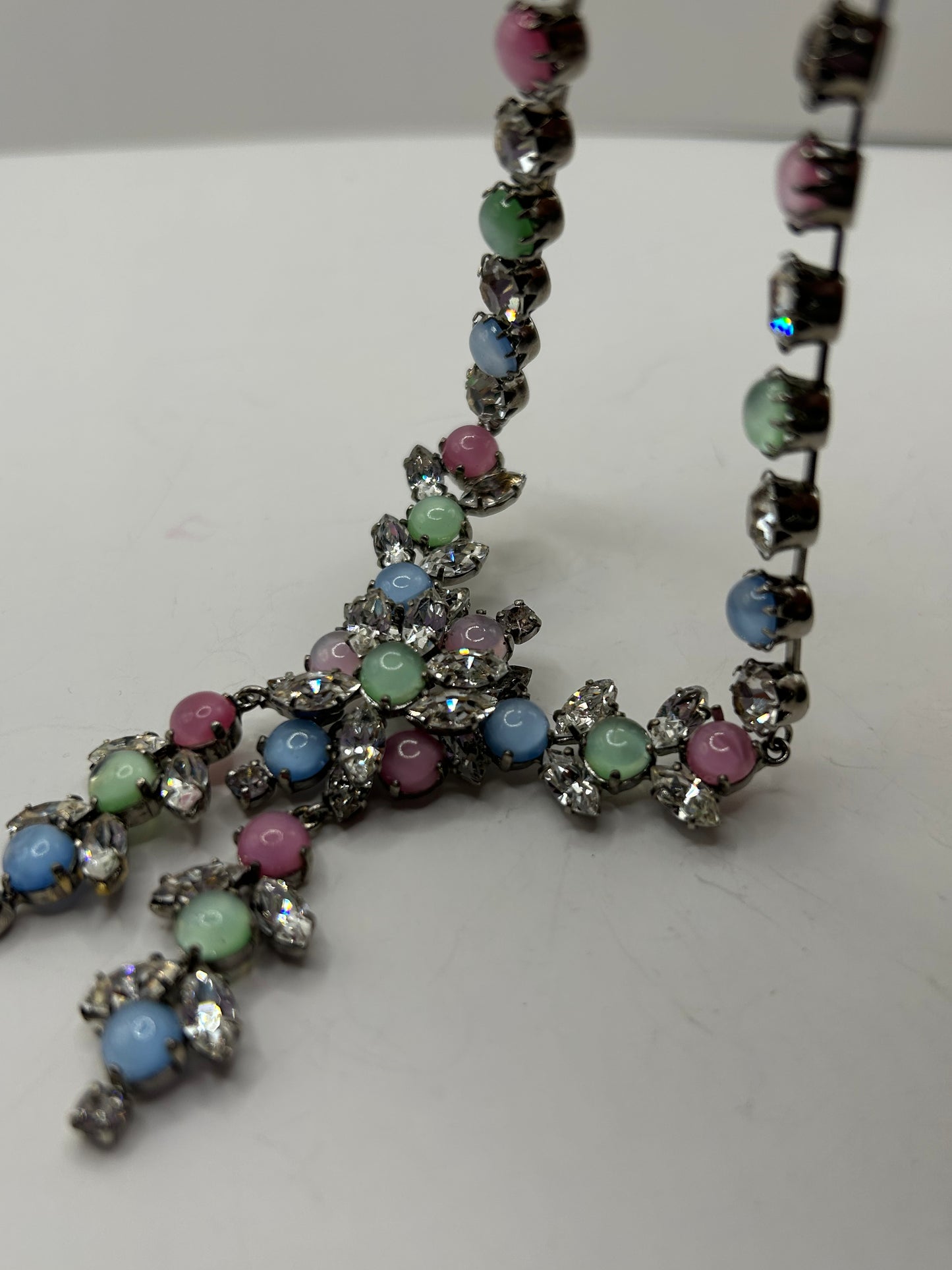 Vintage 1950s Rhinestone Pastel Glass Stone Drop Necklace Roger Jean Pierre.